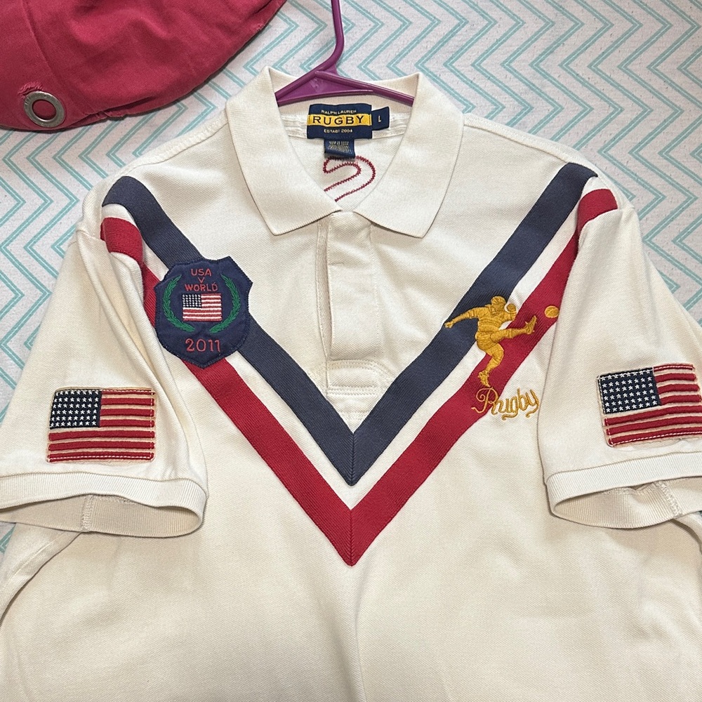 Ralph Lauren Rugby USA Rugby White Polo Shirt with Red and Blue Accents - Picture 2 of 4